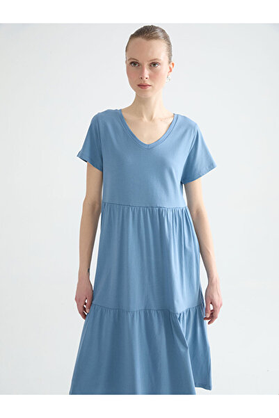 LC Waikiki Blue V-Neck Layered Dress