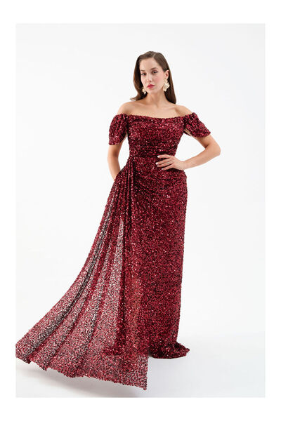 LC Waikiki Kadın Bordo Pul Payet İşlemeli Uzun Abiye Elbise