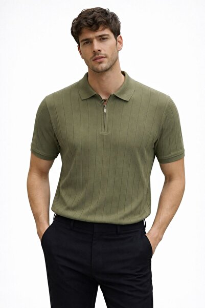 BOLD 2026 Yeni Sezon Fermuarlı Triko Polo Yaka T-Shirt Modern Çizgili Dokulu ...