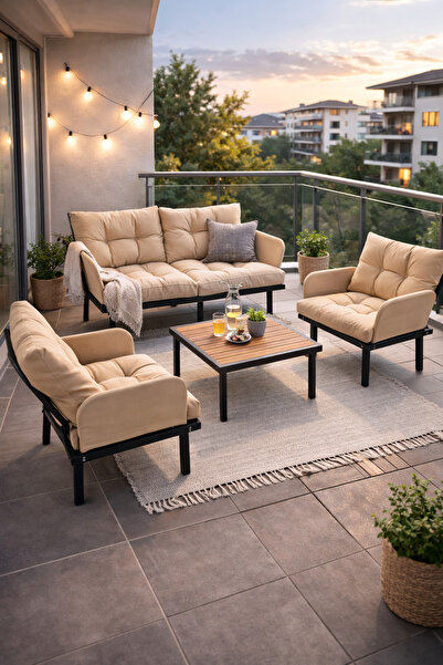 eportatif Bahçe Takımı Balkon ve Cafe Modüler Metal Koltuk Takımı 2+1+1 Sehpalı