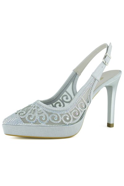 Erkan Saçmacı Jennifer Silver Satin Stoned Pointed Toe Thin Platform Heeled Evening Dress Shoes