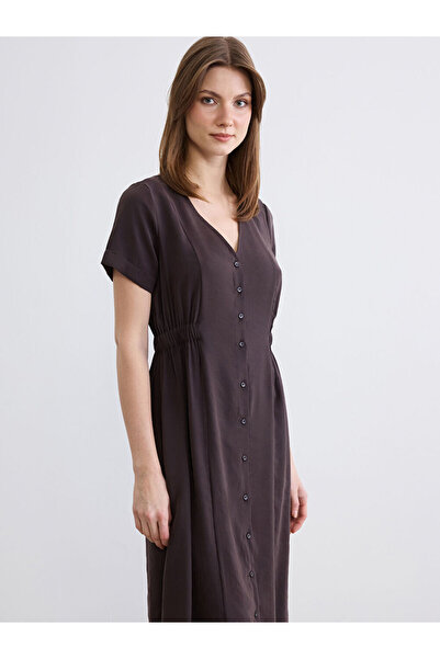 LC Waikiki Lcw Comfort Brown V-Neck Waist-Sitting Dress