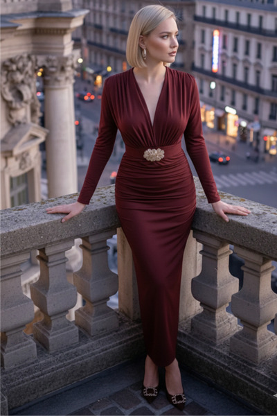 Thestiluxe Draped Midi Stylish Evening Dress with Belt and Gold Accessories a...