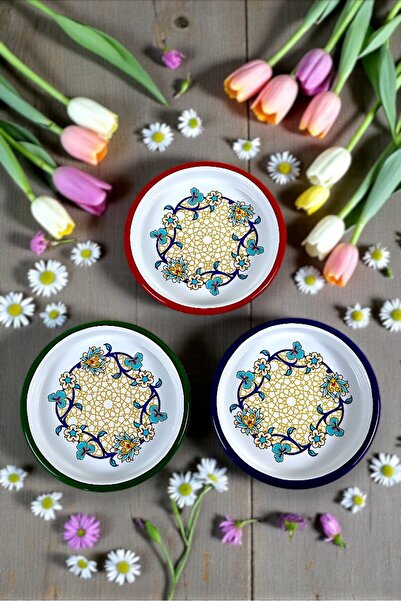 İnci Emaye 16 cm 3 Pieces 3 Colors Enamel Plate Coffee Plate for 3 People, Se...