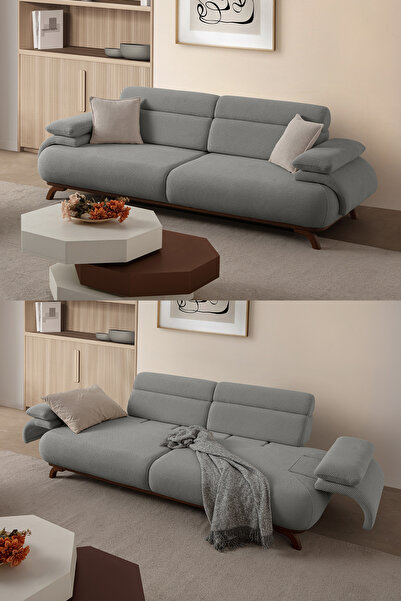 Eymense Bonjo Sırt Mekanizmalı Ceviz Kasalı Üçlü Koltuk Kanepe Gri