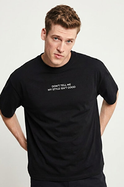 COMBİNE MİCHAİL Men's Text Printed Short Sleeve Black T-Shirt