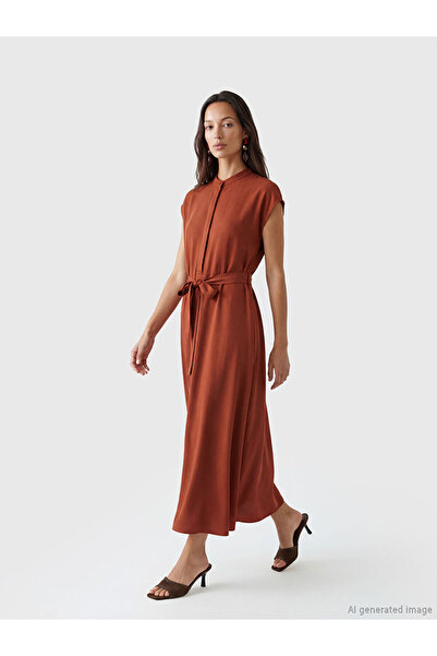 LC Waikiki Lcw Everyday Brown High Neck Belted A-Line Belmando Dress