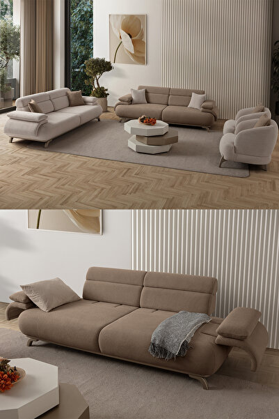 Eymense Bonjo Sırt Mekanizmalı Kasalı Koltuk Takımı 3+3+1+1 Sütlü Kahve