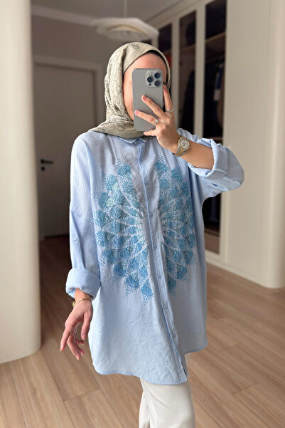 Ka Hijab Cămașă cu broderie cu mărgele roz - Albastru