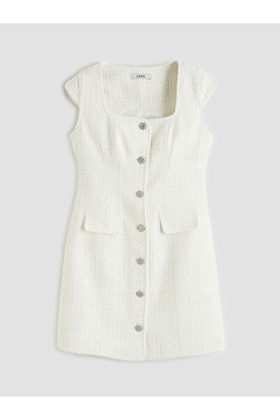 LC Waikiki Xside White Square Neck Tweed Mini Dress