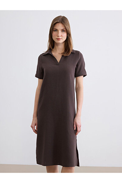 LC Waikiki Lcw Comfort Brown Polo Collar Slit Dress