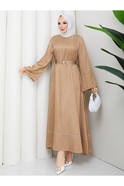 RACE FASHİON Belt Detailed Denim Jeans Hijab Dress Rc6036