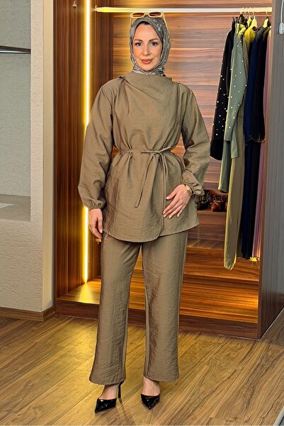 Bestenur Drawstring Kimono Double Set 1686 - Khaki
