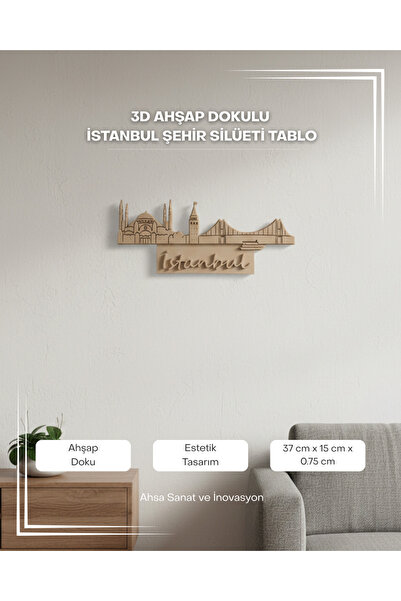 3D Ahşap Dokulu İstanbul Şehir Silüeti Tablo