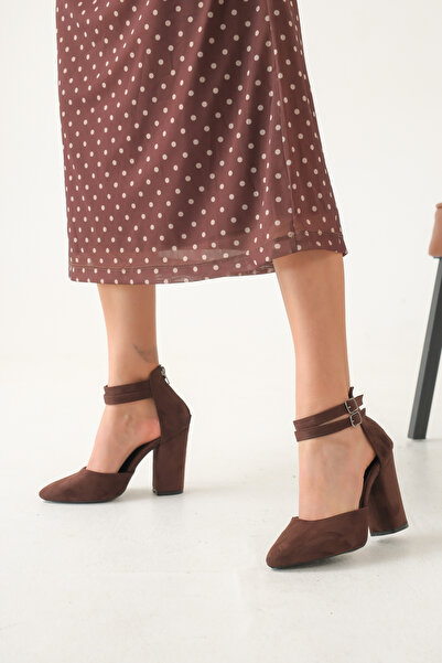 Saltopik Double-Buckle Coffee-Colored Suede High-Heeled Shoes