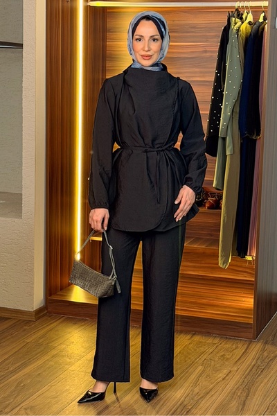 Bestenur Drawstring Kimono Double Set 1686 - Navy Blue