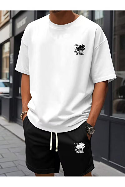 bellanova Men's Oversize Printed Shorts T-Shirt Set Streetwear Bottom-Top Com...