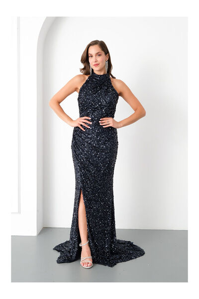 LC Waikiki Kadın Lacivert Dar Kalıp Pul İşlemeli Balık Abiye Elbise