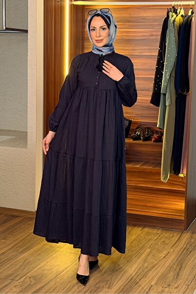 Bestenur Rochie cu jumătate de nasturi 1689 - Bleumarin