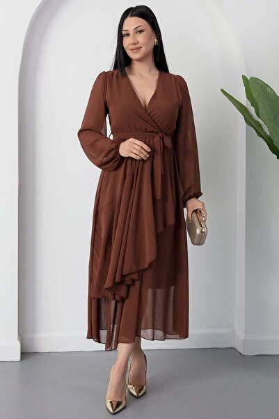 PULLIMM Double-Breasted Collar Skirt Flounce Chiffon Dress 2026-4530