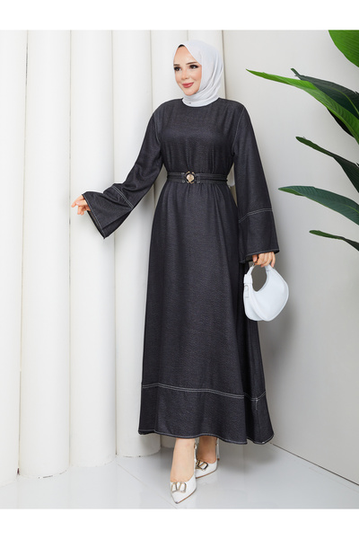 RACE FASHİON Belt Detailed Denim Jeans Hijab Dress Rc6036