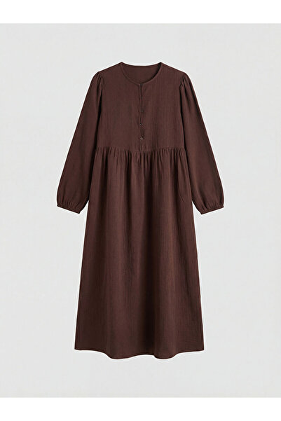 LC Waikiki Brown crew neck smocked muslin dress