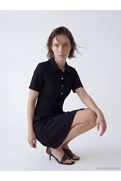 LC Waikiki Lcw Studio Black Shirt Collar Waist-Fitted Dress