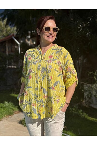 Punta Otantik Yg14010 Italian Three Buttons Cotton Linen Blouse Yellow