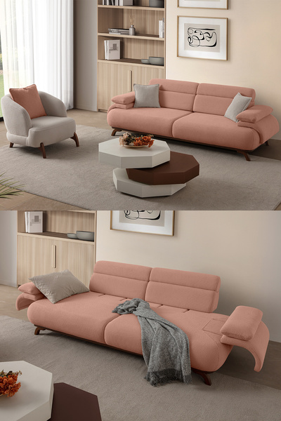 Eymense Bonjo Sırt Mekanizmalı Ceviz Kasalı Koltuk Takımı 3+1 Pudra