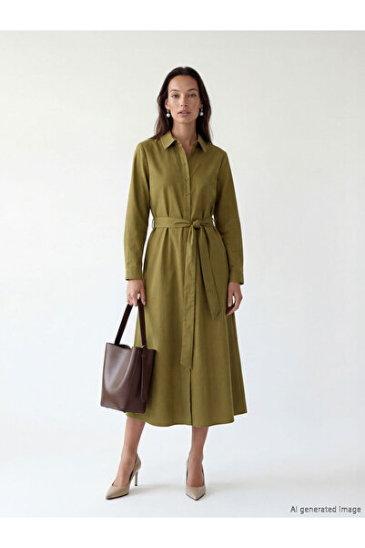 LC Waikiki Lcw Everyday Green Belted Waistband Poplin Shirt Dress