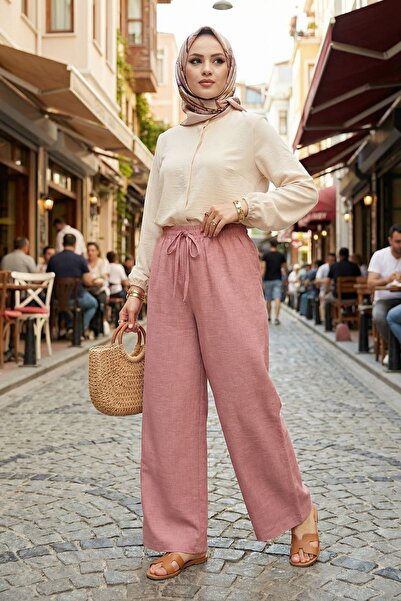 adamila Kadın Keten Kumaş Bli Lastikli Geniş Paça Günlük Tesettür Pantolon