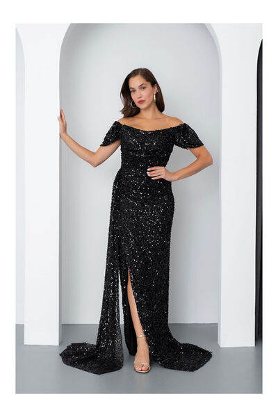 LC Waikiki Kadın Siyah Pul Payet İşlemeli Uzun Abiye Elbise