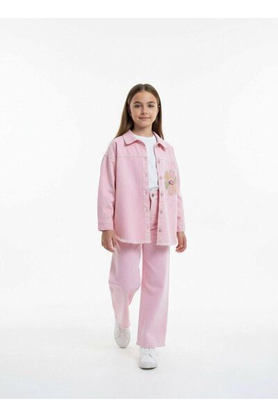 Esprix Kids طقم قميص وبنطلون من قماش التينسل المطرز بالزهور للفتيات بقصة مريحة