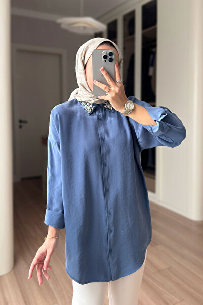 Ka Hijab Cămașă cu guler brodat cu pietre - Indigo