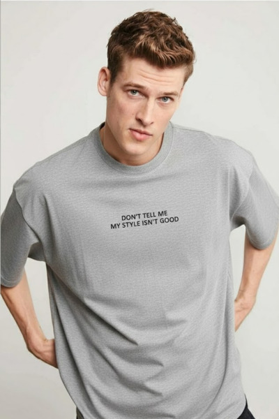 COMBİNE MİCHAİL Men's Text Printed Short Sleeve Gray T-Shirt