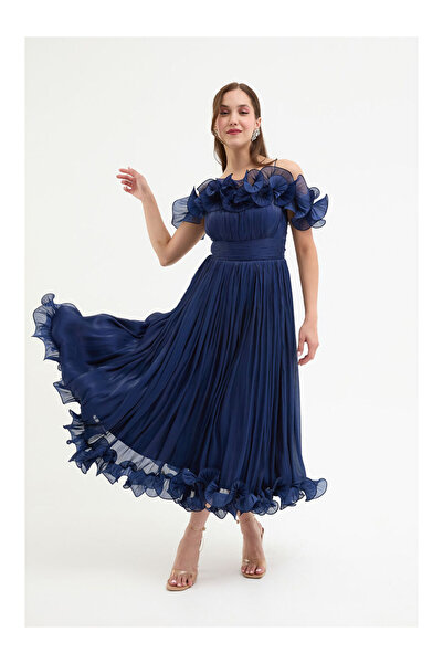 LC Waikiki Kadın Lacivert Dar Kalıp Yaka Detay Midi Abiye Elbise