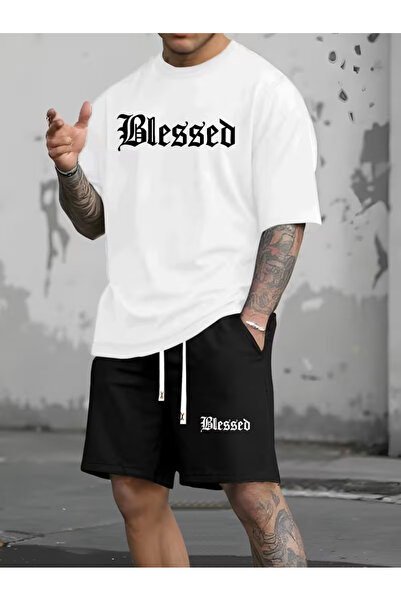 bellanova Men's Oversize Printed Shorts T-Shirt Set Streetwear Bottom-Top Com...