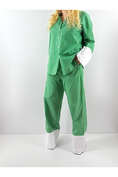 Modaonna White Striped Green Shirt and Trousers Set