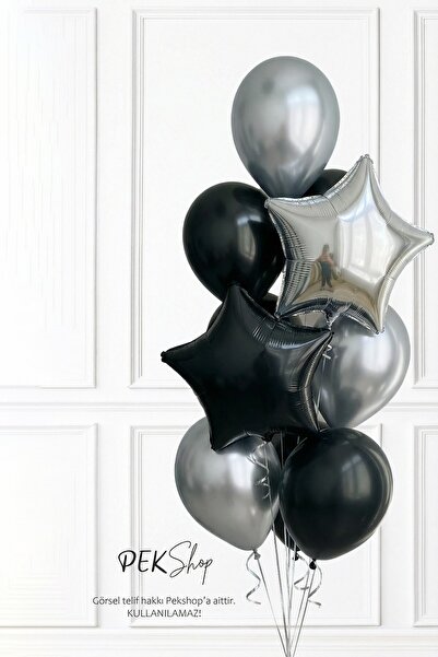 PEKSHOP Gümüş Siyah Yıldız Balonlu Balon Demeti Set260