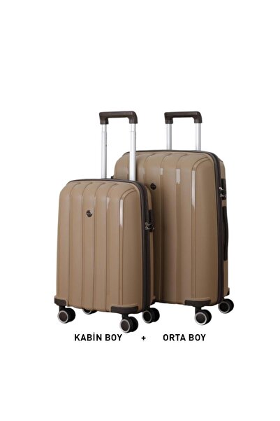 MÇS Bavul Orta ve Kabin 2li Set Kırılmaz Silikon Valiz V305 Şamp/AcıKahve