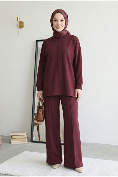 FERHEL Women's Round Neck Green Tunic and Trousers Two-Piece Set - Burgundy