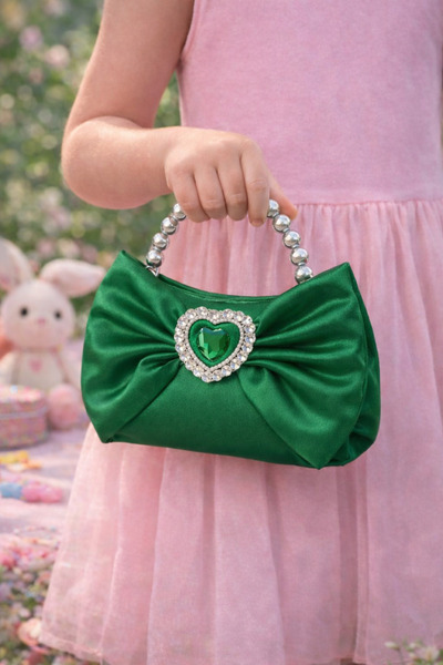 Me&On WEAR Girl's Special Occasion Bag – Green Satin Mini Bag with Pearl Handle