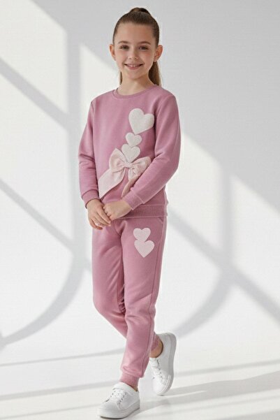 Breeze Girl's Tracksuit Set with Heart Embroidery and Bow, Ages 4-9, Dried Ro...