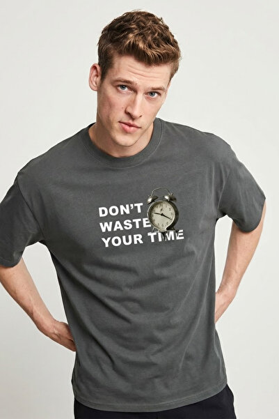 COMBİNE MİCHAİL Men's Don'T Waste Time Printed Smoked T-Shirt