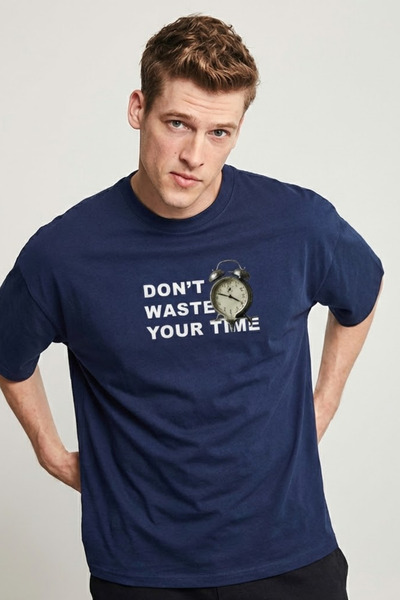 COMBİNE MİCHAİL Men's Don'T Waste Time Print Navy Blue T-Shirt