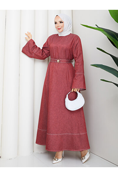 RACE FASHİON Belt Detailed Denim Jeans Hijab Dress Rc6036
