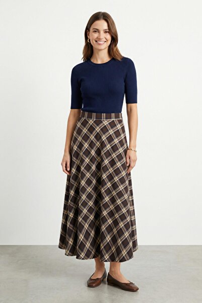 Soul Women's Plaid Patterned Flared Woven Skirt -32495Etk - Navy