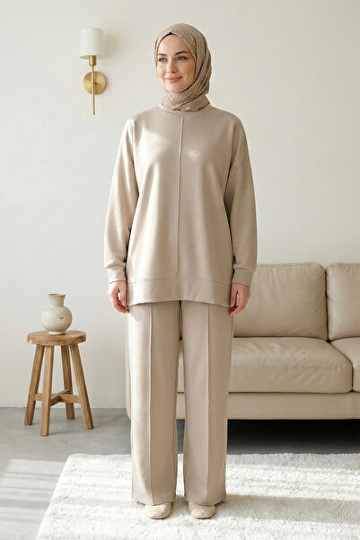 FERHEL Women's Round Neck Green Tunic and Trousers Two-Piece Set - Stone