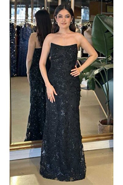 Abiyeniall Siyah Straplez Yaka Düz Kesim Pullu Boncuklu Uzun Abiye Elbise 111...