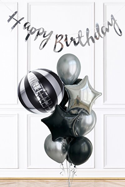 PEKSHOP Black and Silver Theme Birthday Decoration Set with Banner and Balloo...